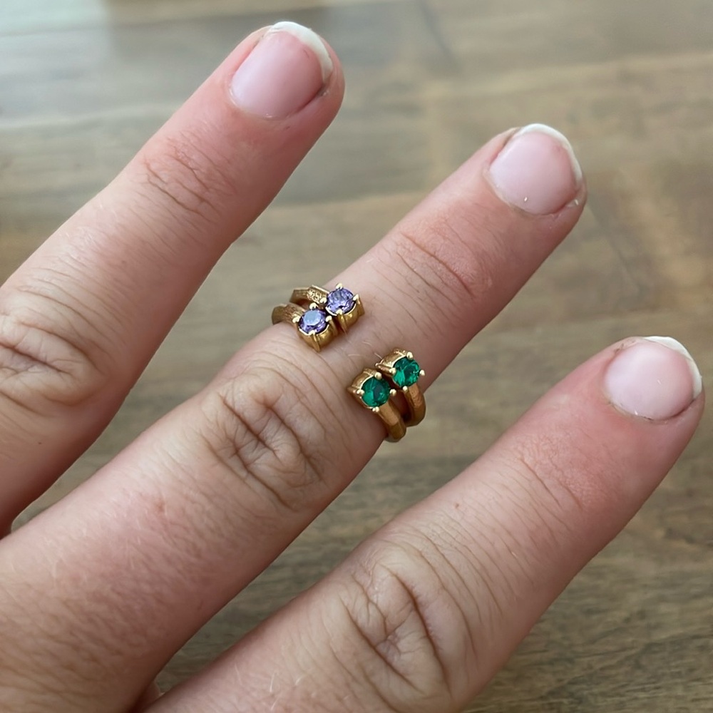 Radiant open 14K gold plated ring set (2) Emerald and Amethyst